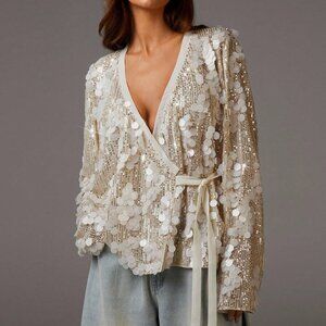 Apricot Party Women's  Side Tie Loose Long Sleeve Sequin Blouse